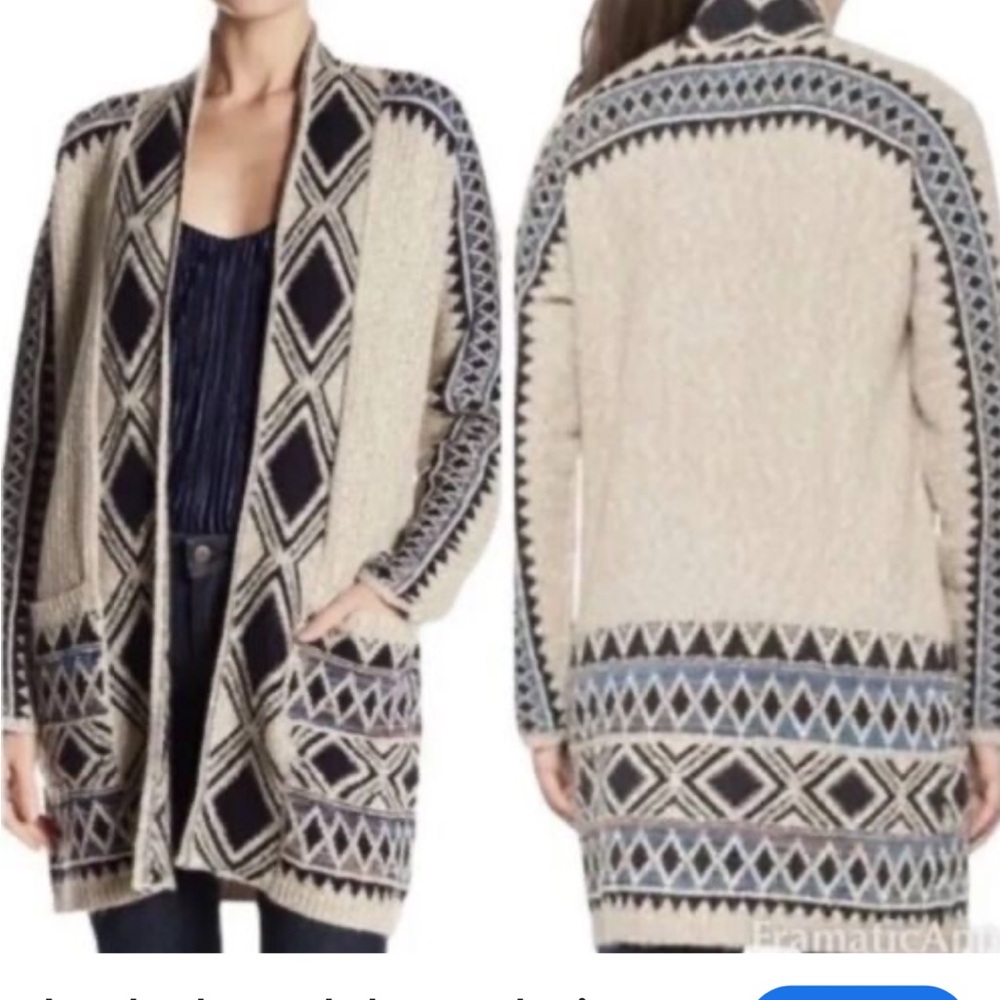 Lucky Brand Cream and Blue Geometric Cardigan